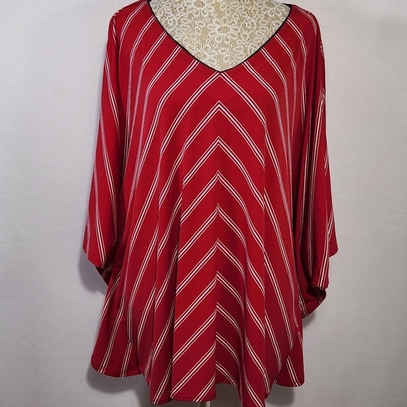 Susan Graver Women Oversized Flare Sleeve Red Striped V-Neck Blouse SZ XL Casual - Picture 1 of 15